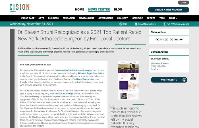 Screenshot of an article titled Dr. Steven Struhl Recognized as a 2021 Top Patient Rated New York Orthopedic Surgeon by Find Local Doctors