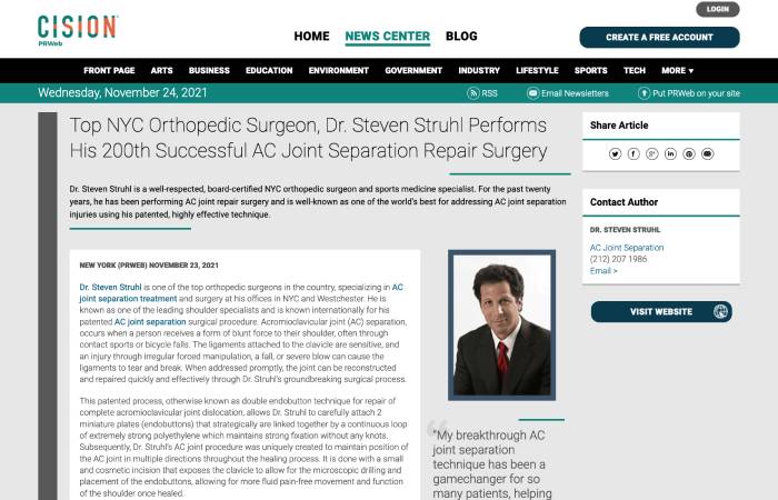 Screenshot of an article titled Top NYC Orthopedic Surgeon, Dr. Steven Struhl Performs His 200th Successful AC Joint Separation Repair Surgery