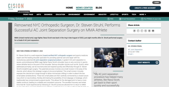 Screenshot of an article titled Renowed NYC Orthopedic Surgeon, Dr. Steven Struhl, Performs Successful AC Joint Separation Surgery on MMA Athlete